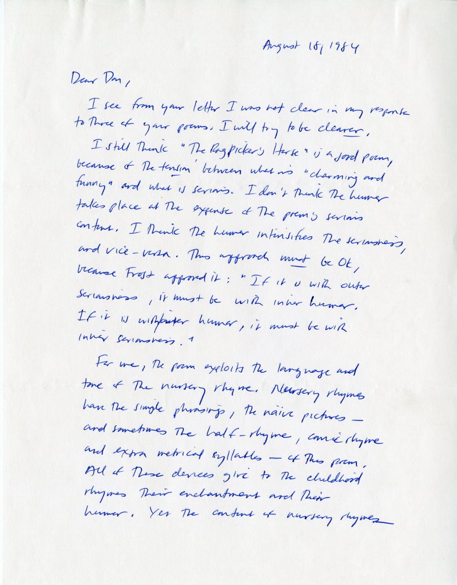 Letter from McNair to Hall, August 18, 1984, Page 1, Milne Special Collections and Archives, University of New Hampshire
