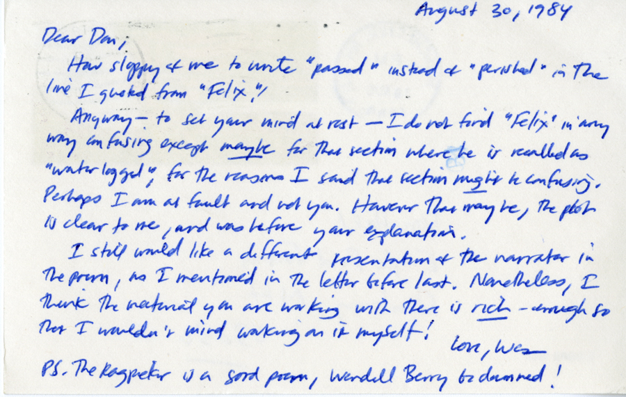 Letter from McNair to Hall, August 30, 1984, Page 1, Milne Special Collections and Archives, University of New Hampshire