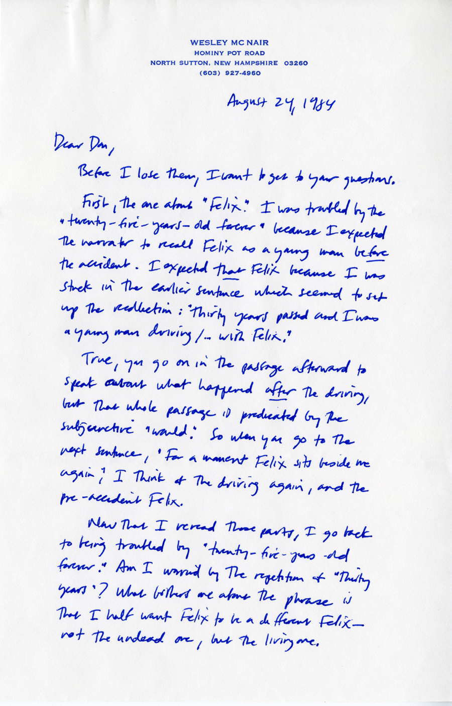 Letter from McNair to Hall, August 24, 1984, Page 1, Milne Special Collections and Archives, University of New Hampshire