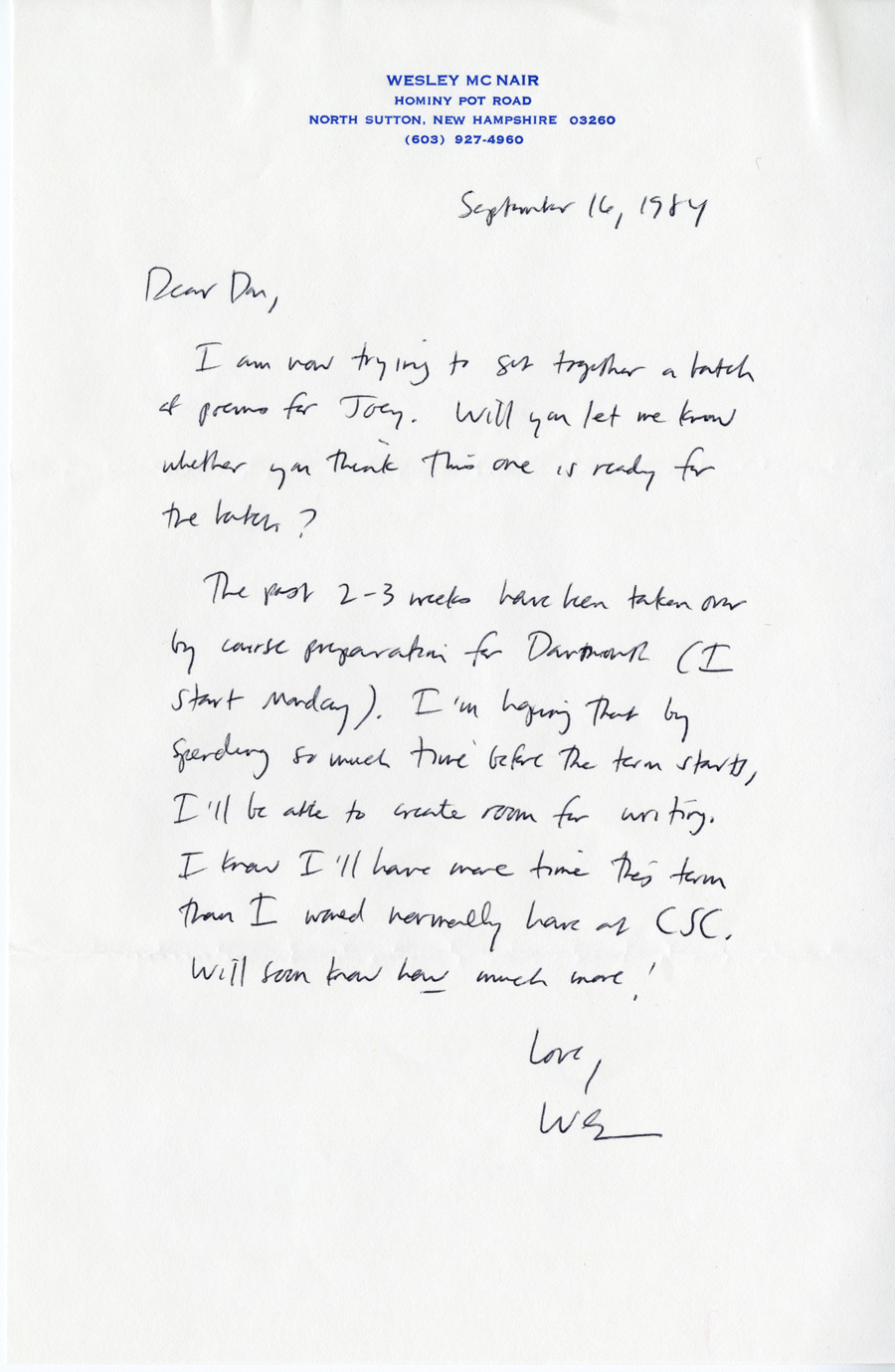 Letter from McNair to Hall, September 16, 1984, Page 1, Milne Special Collections and Archives, University of New Hampshire