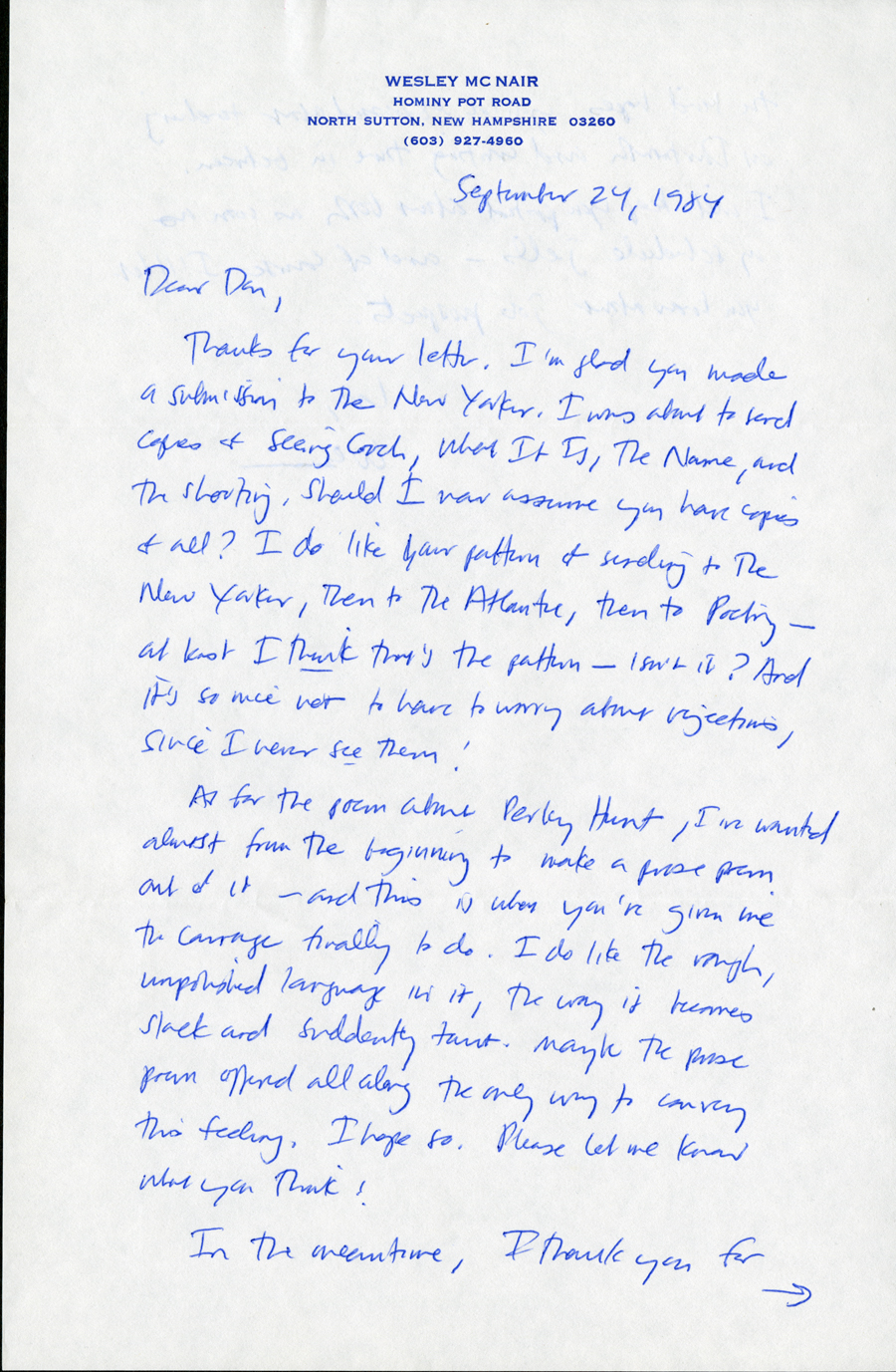 Letter from McNair to Hall, September 24, 1984, Page 1, Milne Special Collections and Archives, University of New Hampshire