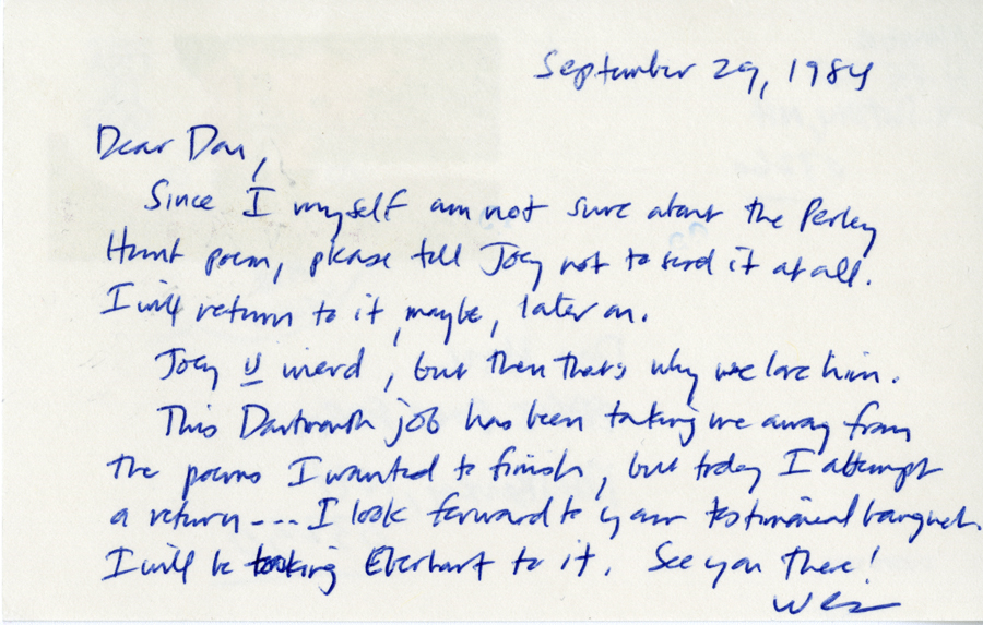 Letter from McNair to Hall, September 29, 1984, Page 1, Milne Special Collections and Archives, University of New Hampshire