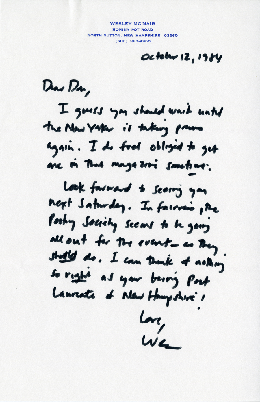 Letter from McNair to Hall, October 12, 1984, Milne Special Collections and Archives, University of New Hampshire