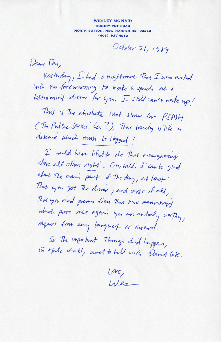 Letter from McNair to Hall, October 21, 1984, Milne Special Collections and Archives, University of New Hampshire