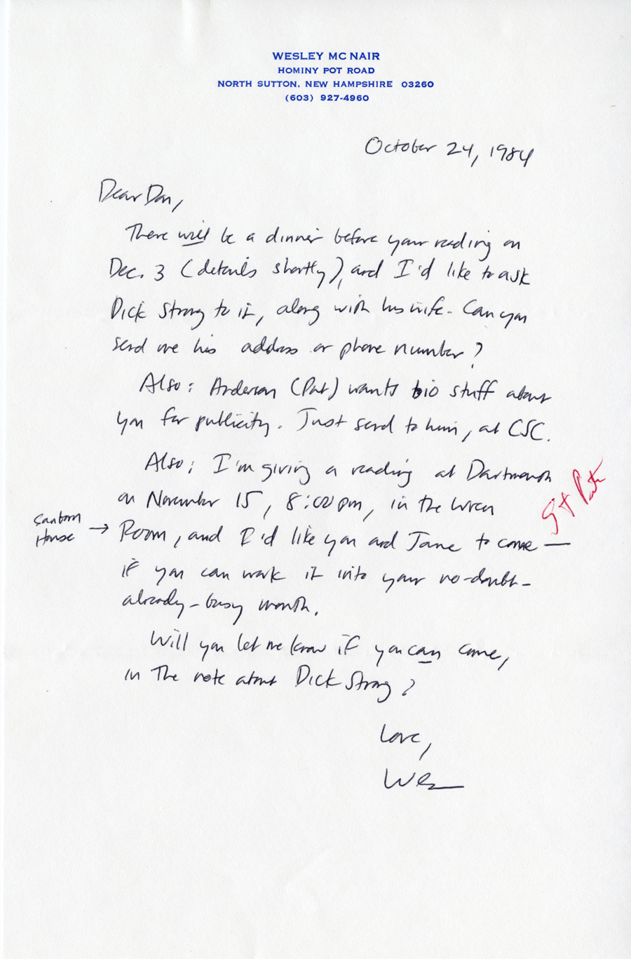 Letter from McNair to Hall, October 24, 1984, Milne Special Collections and Archives, University of New Hampshire