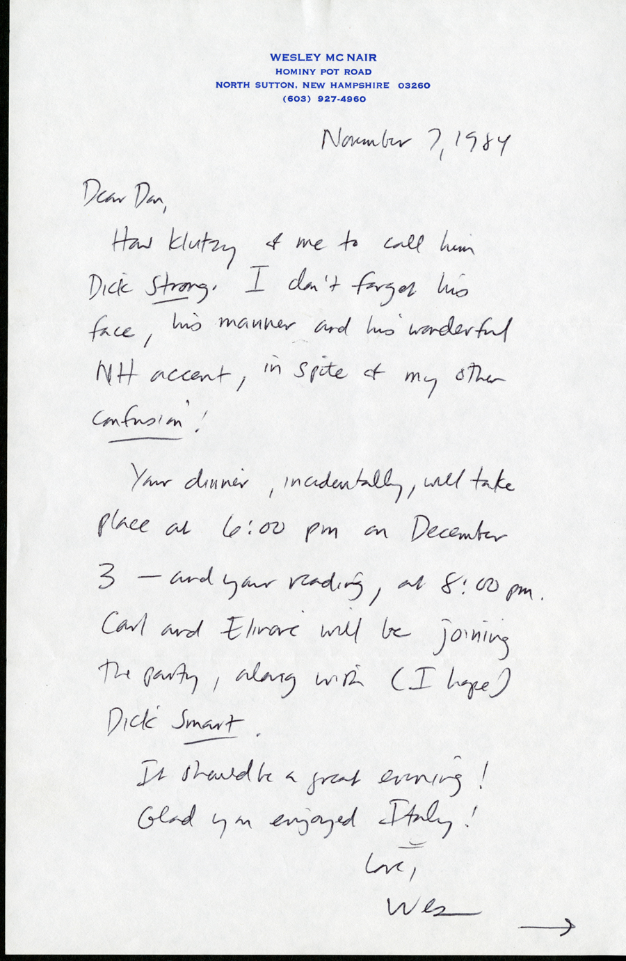Letter from McNair to Hall, November 7, 1984, Page 1, Milne Special Collections and Archives, University of New Hampshire