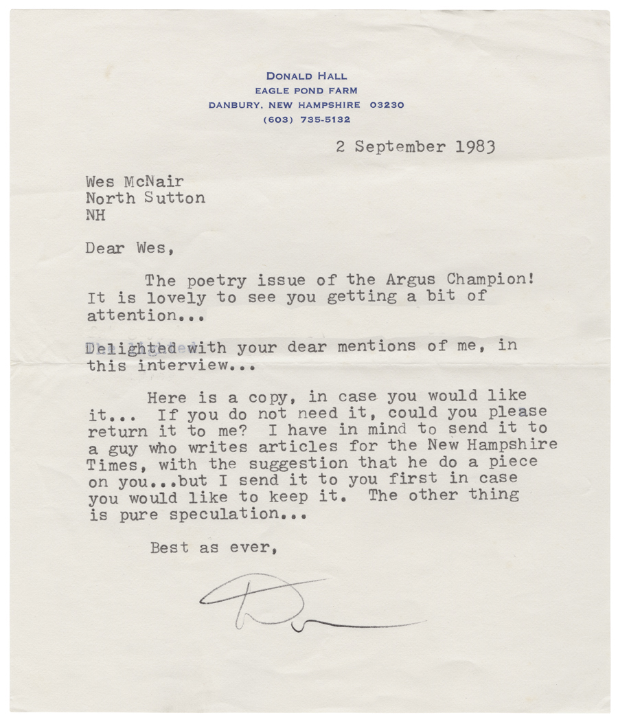 Letter from Hall to McNair, September 2, 1983, Colby College Special Collections