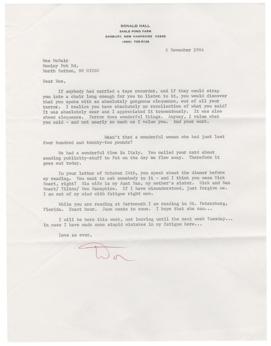 Letter from Hall to McNair, November 6, 1984, Colby College Special Collections
