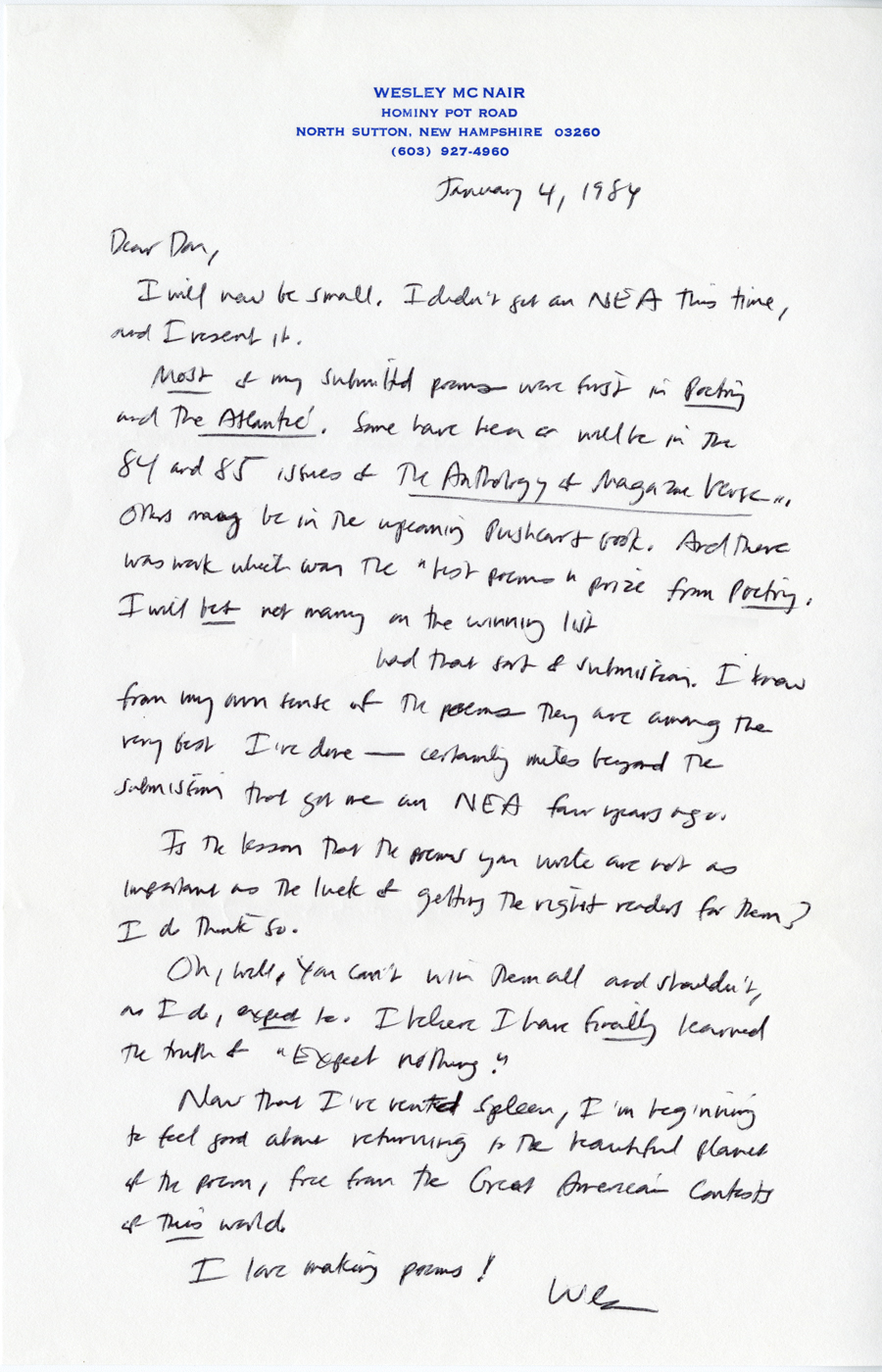 Letter from McNair to Hall, January 4, 1984, Milne Special Collections and Archives, University of New Hampshire