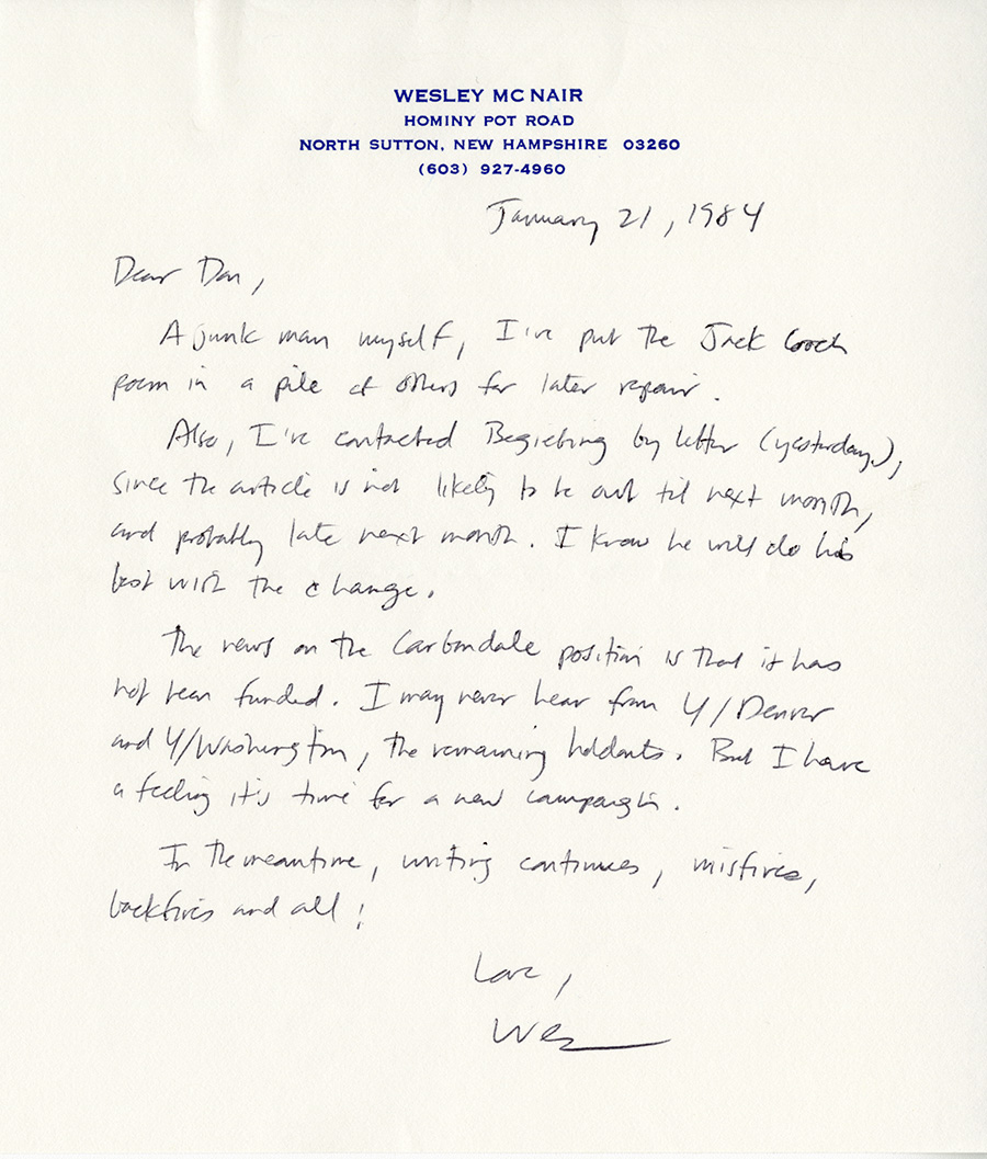 Letter from McNair to Hall, January 21, 1984, Milne Special Collections and Archives, University of New Hampshire