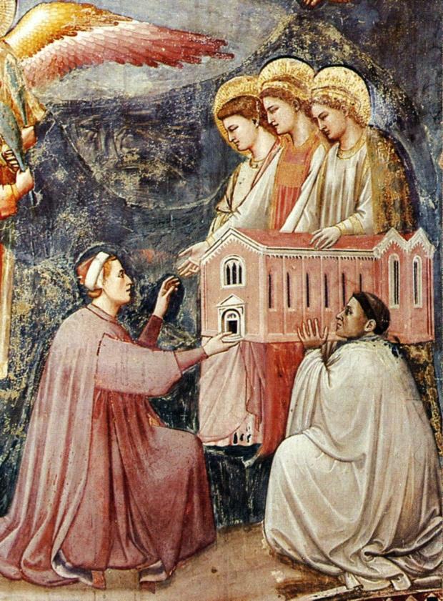 Giotto di Bondone, Enrico Scrovegni, assisted by a priest, presents the chapel to the Virgin Mary and two other figures. Detail from the Last Judgement, Scrovegni chapel (Arena chapel), 1305-06.