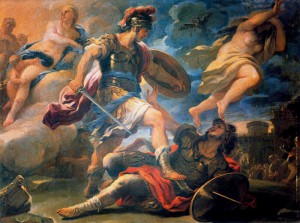 Aeneas defeats Turnus claiming victory for the Trojans over the Latins. Luca Giordano, 17th century.