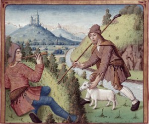 Tityrus Meets Meliboeus, from 'The Eclogues' by Vergil with a commentary by Servius, 1469, Bibliotheque Municipale