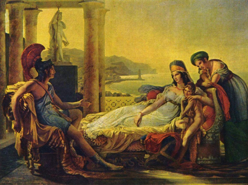 Shipwrecked in north Africa, Aeneas recounts the fall of Troy and his journey to Queen Dido. Aeneas tells Dido about the Fall of Troy, Pierre-Narcisse Guérin, 1815, Musée de Louvre, Paris.