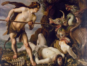 Cadmus fighting the dragon, Hendrik Goltzius, between 1573 and 1617, Museer på Koldinghus.