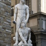 This marble statue of Hercules and Cacus created by Bartolommeo Bandinelli completed in 1534 stands today in Florence, Italy.