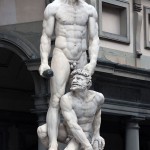 This marble statue of Hercules and Cacus created by Bartolommeo Bandinelli completed in 1534 stands today in Florence, Italy.