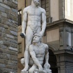 This marble statue of Hercules and Cacus created by Bartolommeo Bandinelli completed in 1534 stands today in Florence, Italy.