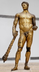 This gilded bronze statue of Hercules was discovered in the area of the Forum Boarium.  <em> Statue of Hercules holding his club and an apple of the Hesperides.</em>, 2nd cent. BCE, Capitoline Museums.  