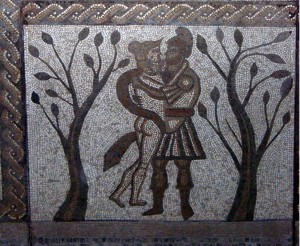 A mosaic found in a Roman home depicting Dido and Aeneas. Somerset, England.