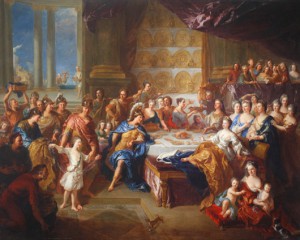 During this feast, Venus sends her son Cupid disguised as Ascanius to make Dido fall in love with Aeneas. The Feast of Dido and Aeneas, François de Troy, 1704. 