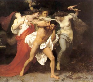 The Furies typically drove mortals into madness, often taking over their minds. Here, the mythic hero Orestes resists the Furies after they haunt him for killing his mother. William-Adolphe Bouguereau (1825-1905), The Remorse of Orestes (1862).