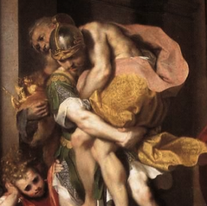 Aeneas flees burning Troy, Federico Barocci, 1598. The image reflects Virgil's portrayal of Aeneas as dutiful, and establishes him as an embodiment of Romanitas.