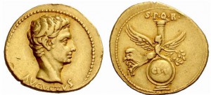 Roman Gold Aureus of Augustus (27 B.C.E.-14 C.E.), Struck in 19 BC, in celebration of Victory