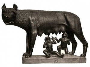 The Capitoline she-wolf with Romulus and Remus. Museo Nuovo in the Palazzo dei Conservatori, Rome. The statue of the wolf dates to the 13th century AD but the figures of the boys were added in the 15th century.
