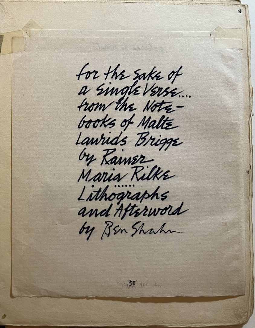 Page 9 of the maquette labeled page “50” on the bottom. Ben Shahn, For the Sake of a Single Verse, p. 9. Colby College Museum of Art, Waterville, Maine (photo: Véronique Plesch).