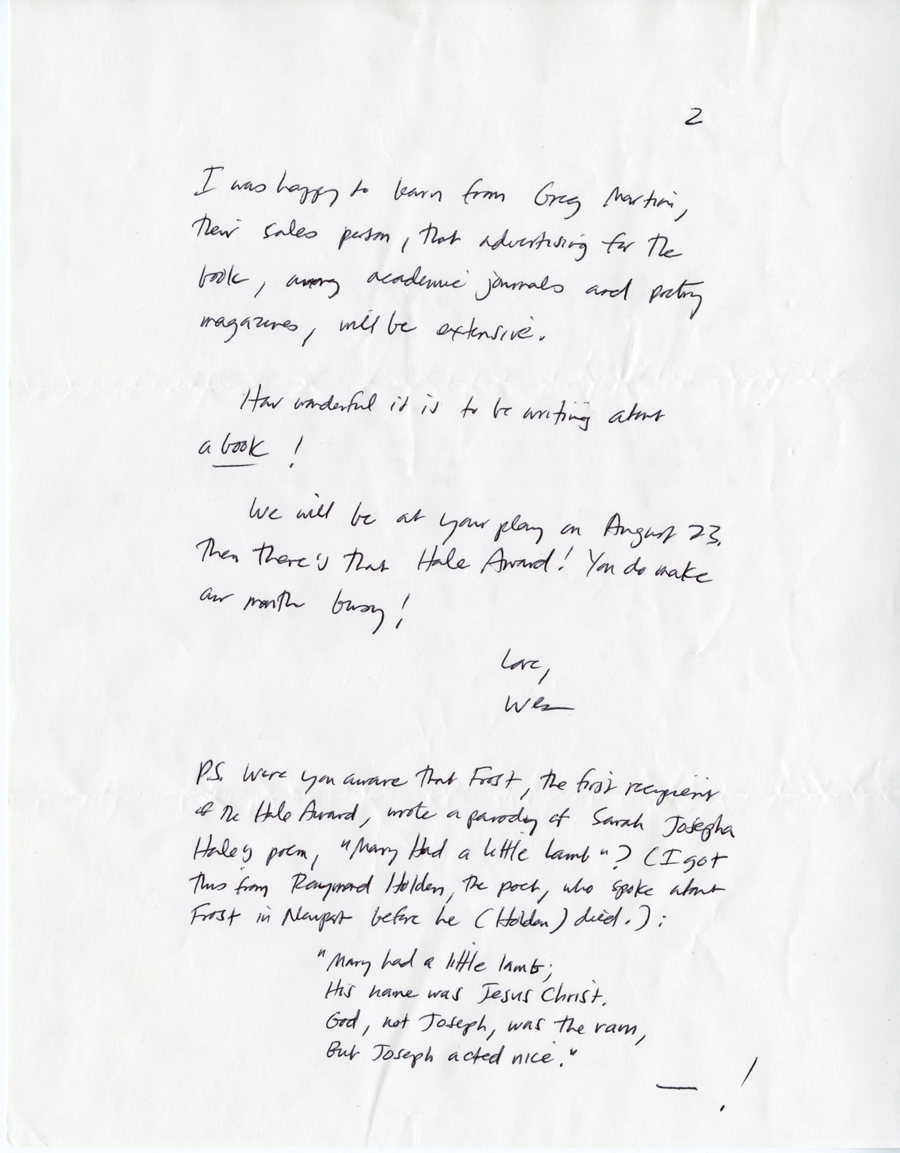 Letter from McNair to Hall, August 18, 1983, Page 2, Milne Special Collections and Archives, University of New Hampshire