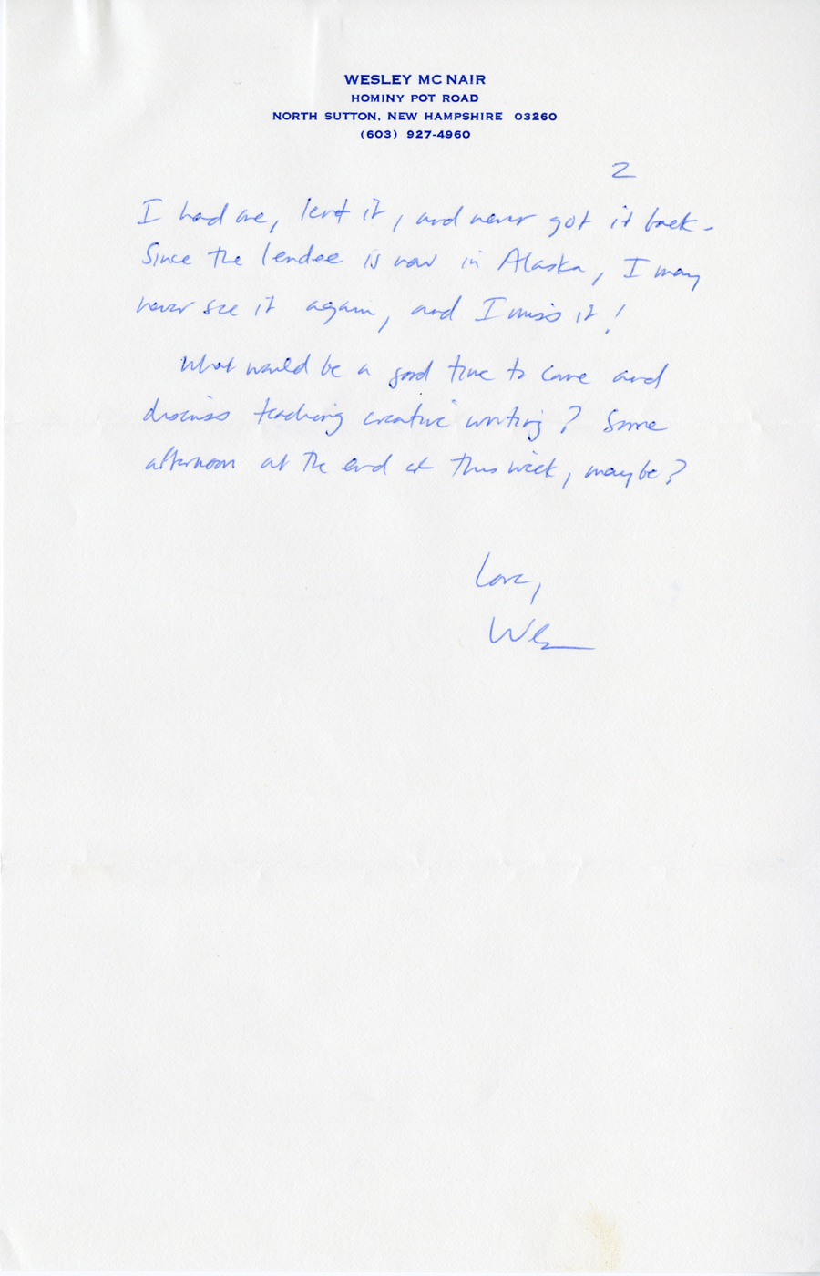 Letter from McNair to Hall, May 21, 1984, Page 2, Milne Special Collections and Archives, University of New Hampshire