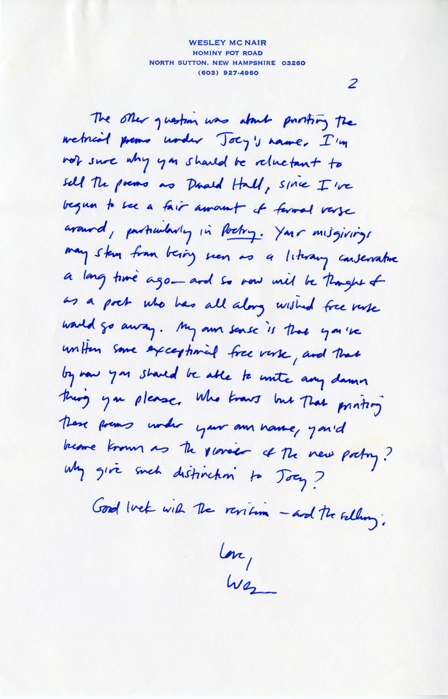 Letter from McNair to Hall, August 24, 1984, Page 2, Milne Special Collections and Archives, University of New Hampshire