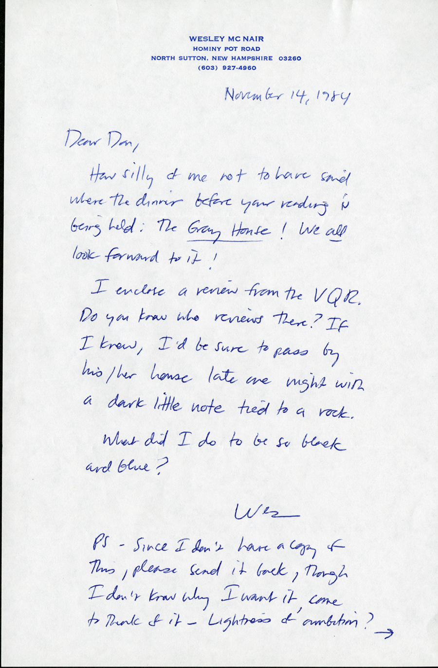 Letter from McNair to Hall, November 14, 1984, Page 1, Milne Special Collections and Archives, University of New Hampshire