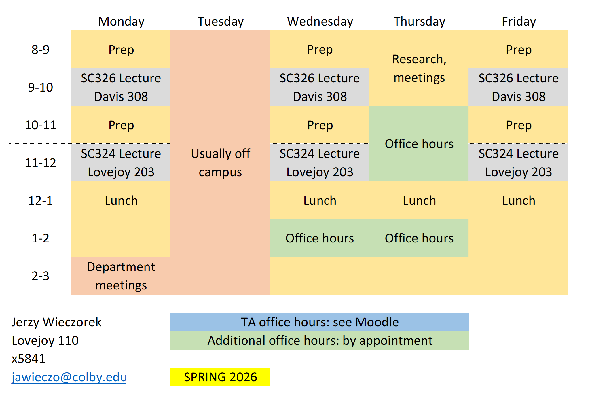 Spring 2026 weekly schedule for Professor Wieczorek. Office hours are 1pm to 2pm on Wednesdays, and also 10am to noon and 1pm to 2pm on Thursdays.