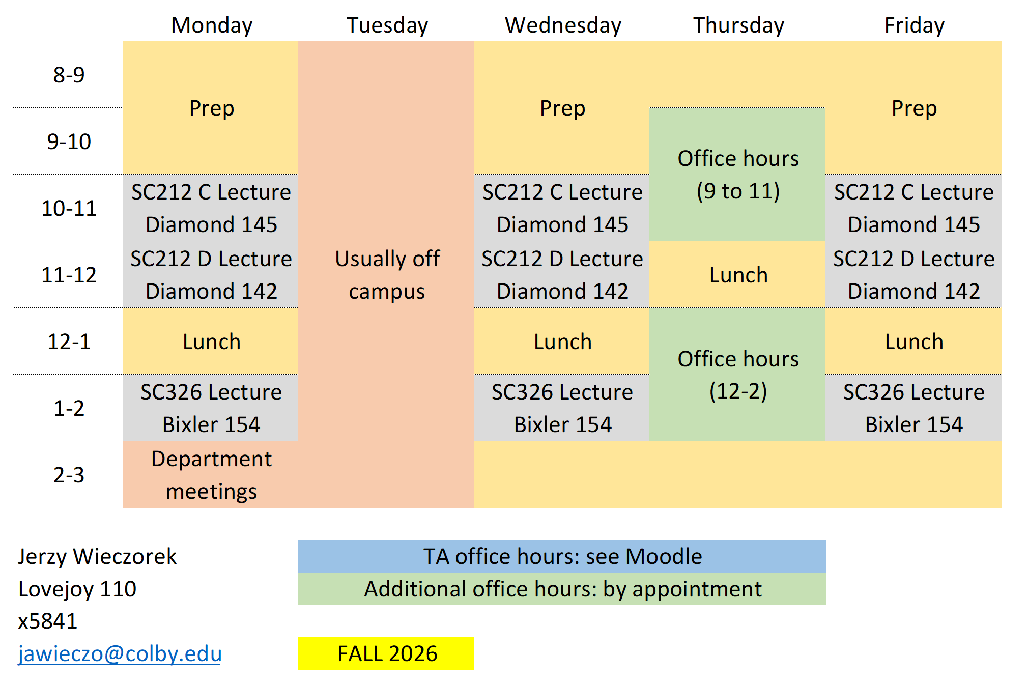 Fall 2026 weekly schedule for Professor Wieczorek. Office hours are 9am to 11pm and 12pm to 2pm on Thursdays.